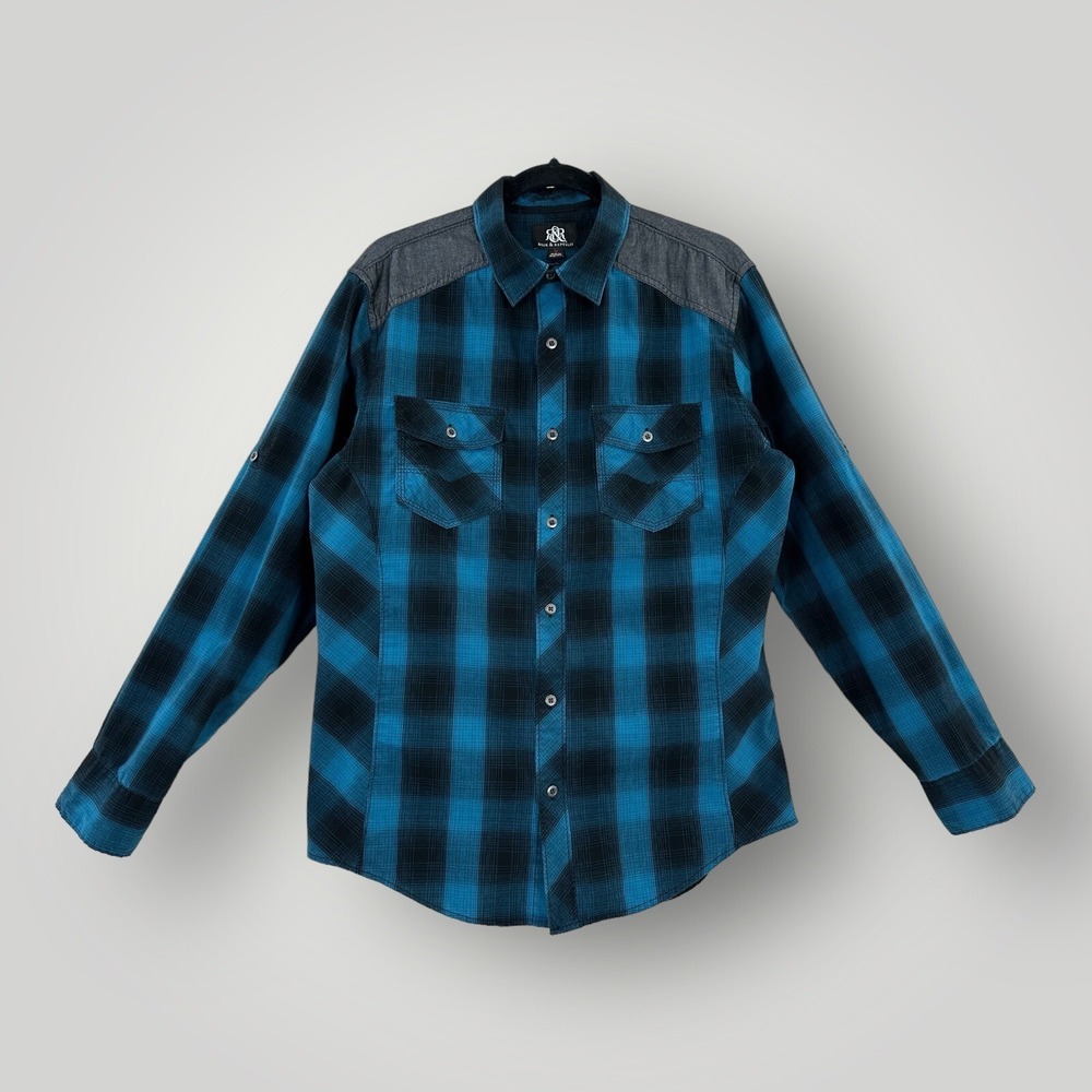 Rock & Republic Plaid Shirt Mens M Roll Tab Sleeves Western Cowboy Metal Buttons